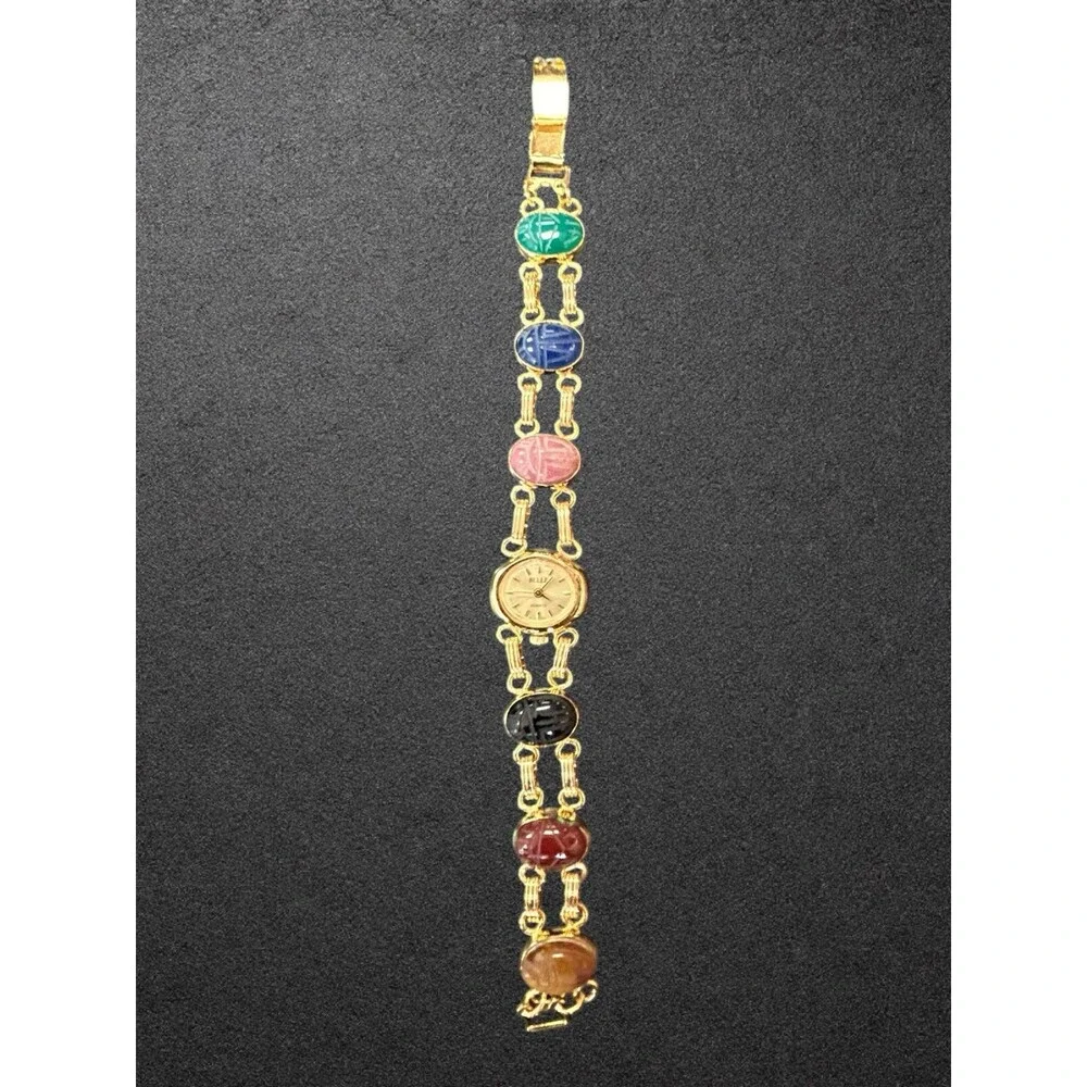 Belle Gold Tone Scarab Gemstone Bracelet Watch Quartz Needs Battery Vintage